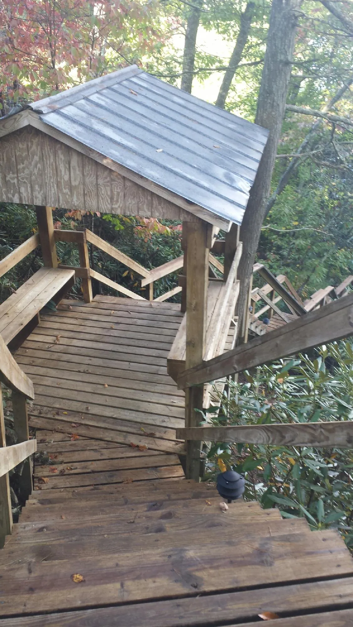Metal roofed shelter over wooden steps on a wooded walkway — Skylight Repair & Installation work by our crew in Placerville